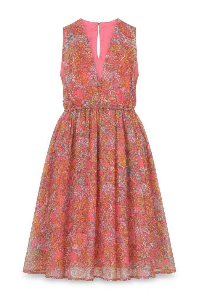 H&M Womens Pink Paisley Polyester Fit & Flare Size 6 V-Neck Button
