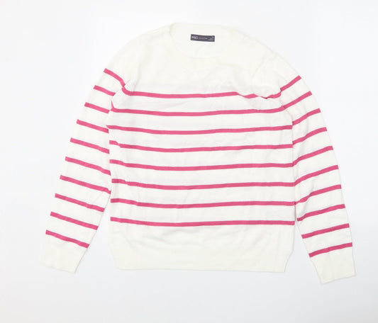 Marks and Spencer Womens White Scoop Neck Striped Acrylic Pullover Jumper Size 10