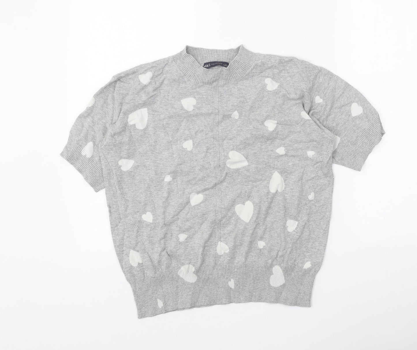 Marks and Spencer Womens Grey Mock Neck Geometric Cotton Pullover Jumper Size S - Heart Print