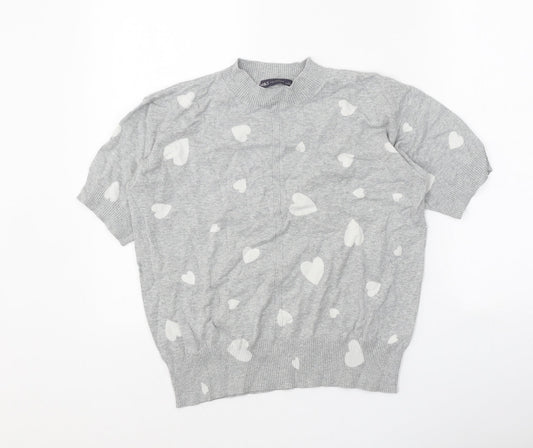 Marks and Spencer Womens Grey Mock Neck Geometric Cotton Pullover Jumper Size S - Heart Print