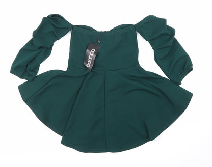 Boohoo Womens Green Polyester Basic Blouse Size 6 Off the Shoulder