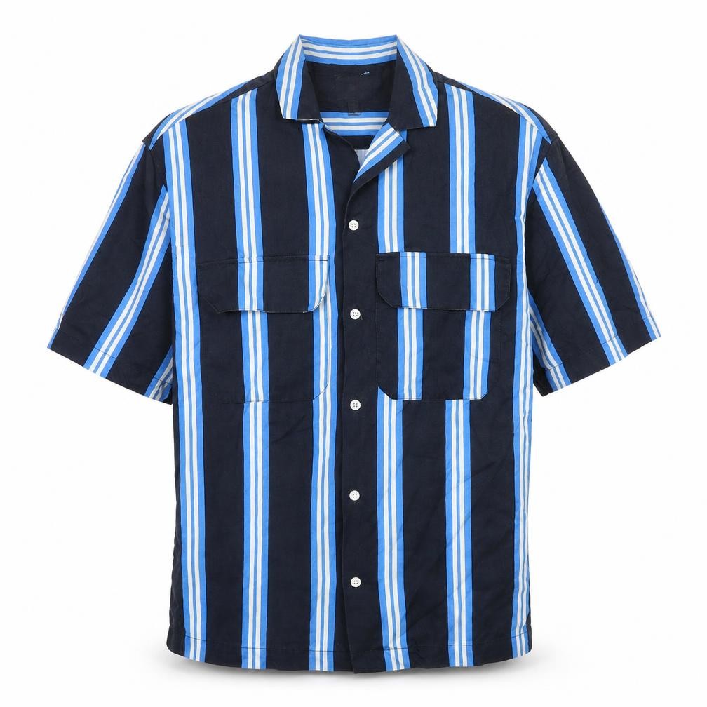 H&M Mens Blue Striped Lyocell Button-Up Size S Collared Button