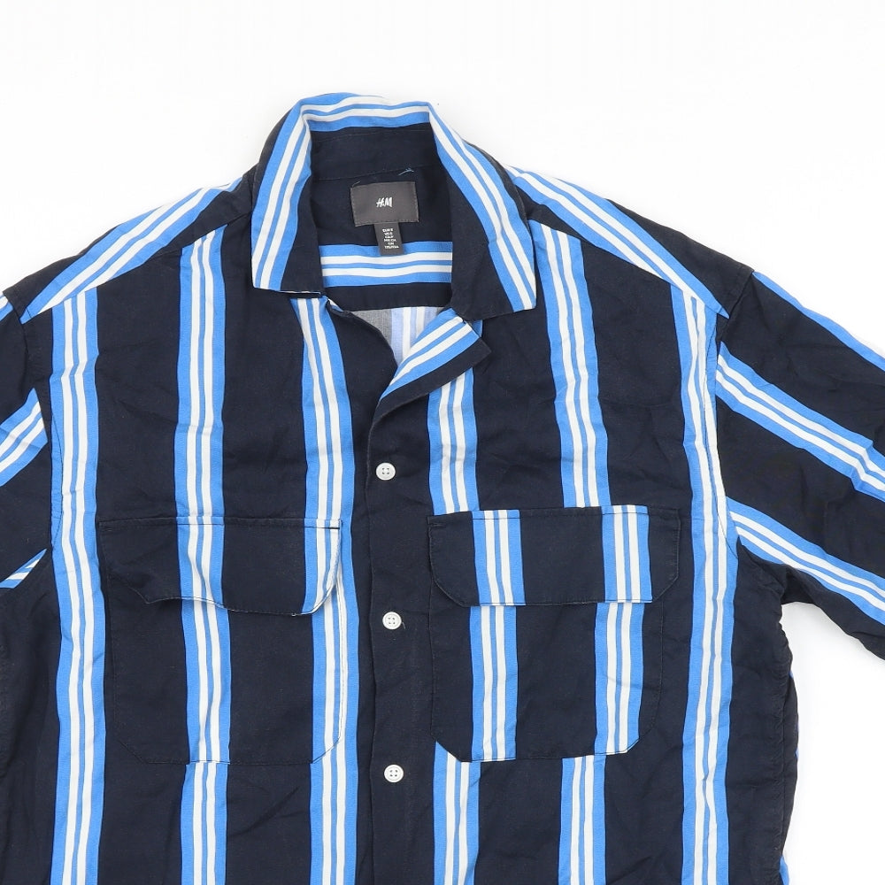 H&M Mens Blue Striped Lyocell Button-Up Size S Collared Button