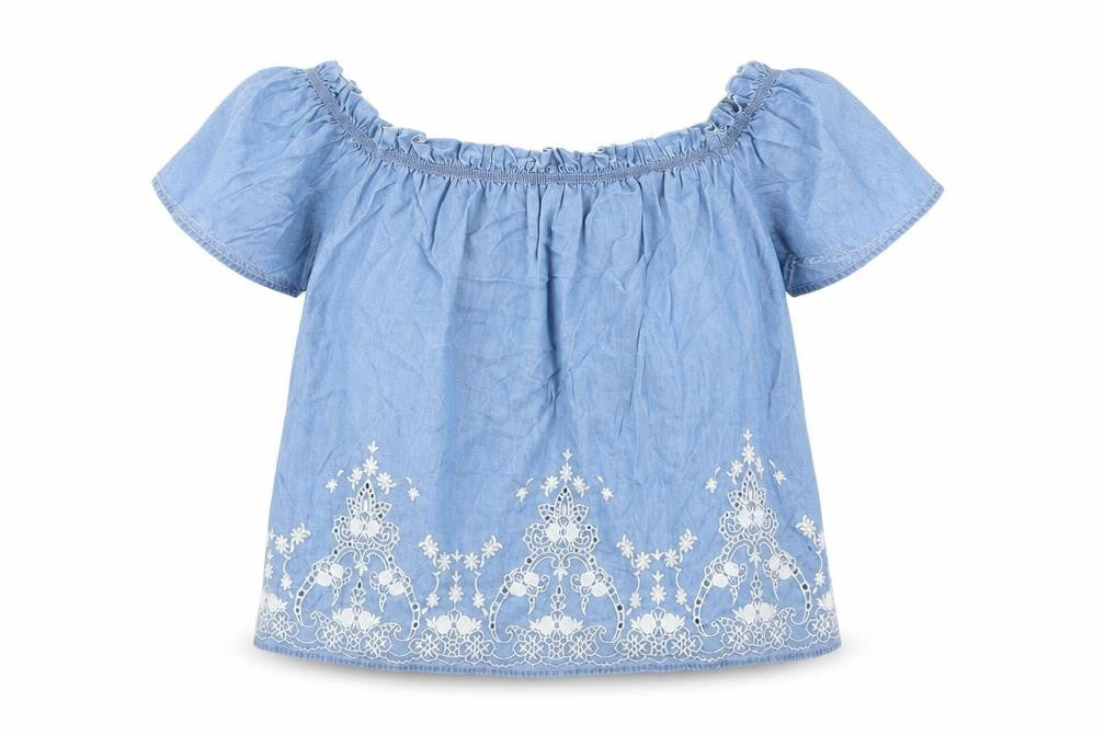 New Look Womens Blue Geometric Lyocell Basic Blouse Size 10 Square Neck