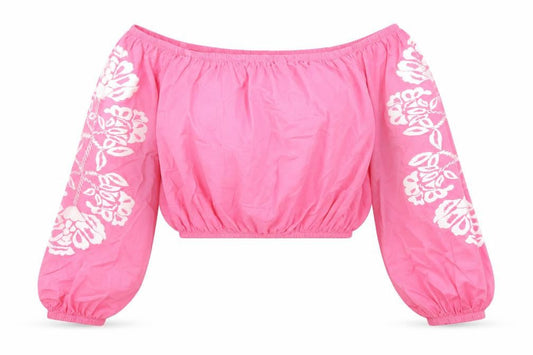 Marks and Spencer Womens Pink Cotton Cropped Blouse Size 14 Boat Neck - Floral Detail