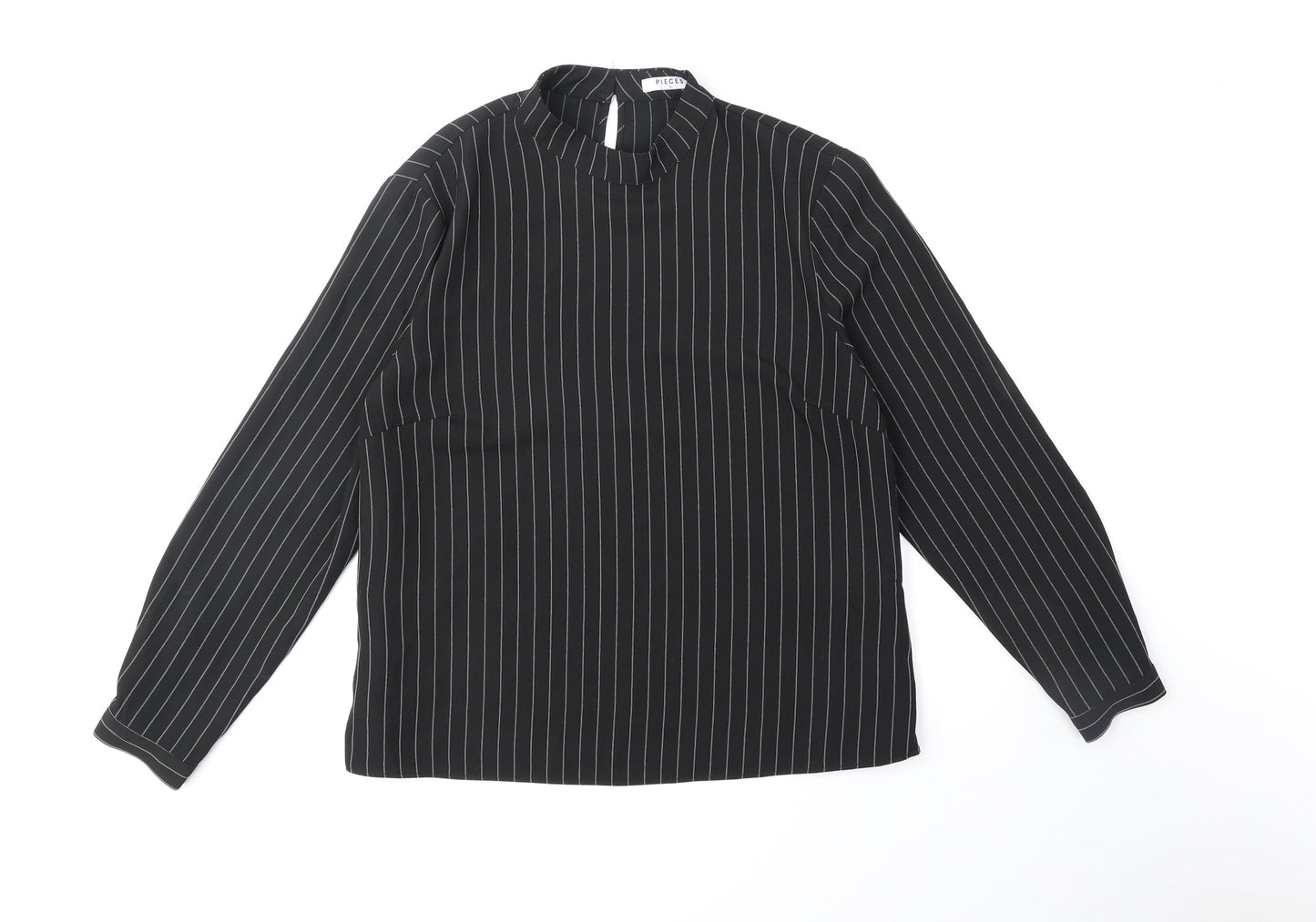 Pieces Womens Black Striped Polyester Basic Blouse Size XL Mock Neck