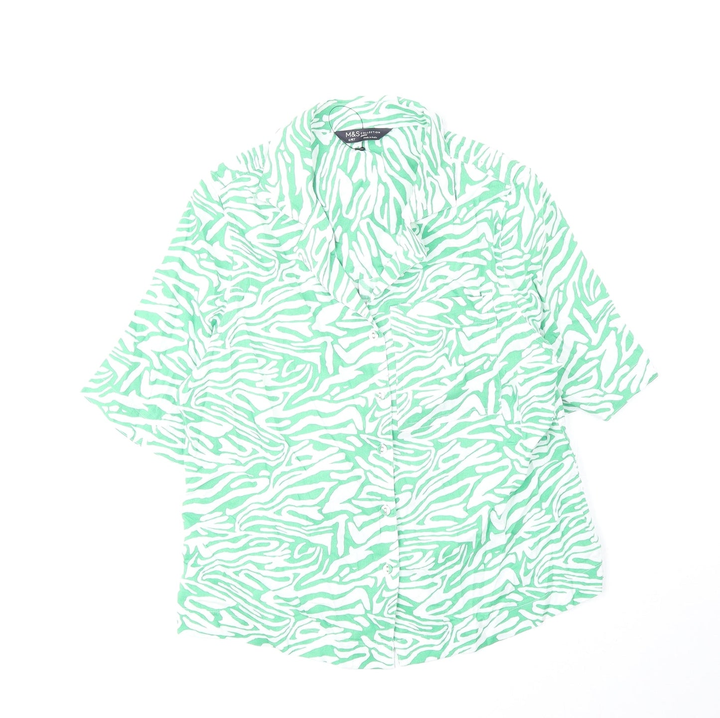 Marks and Spencer Womens Green Animal Print Cotton Basic Button-Up Size 6 Collared - Zebra Pattern