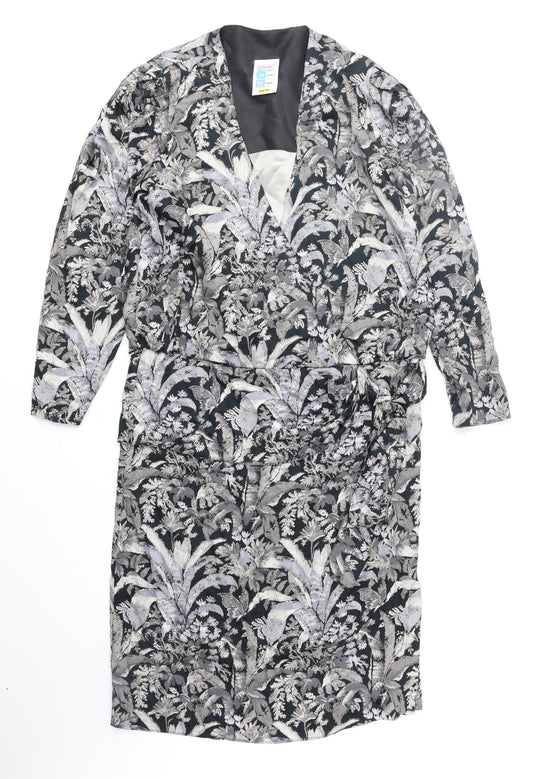 St Michael Womens Grey Geometric Viscose Sheath Size 14 V-Neck Zip