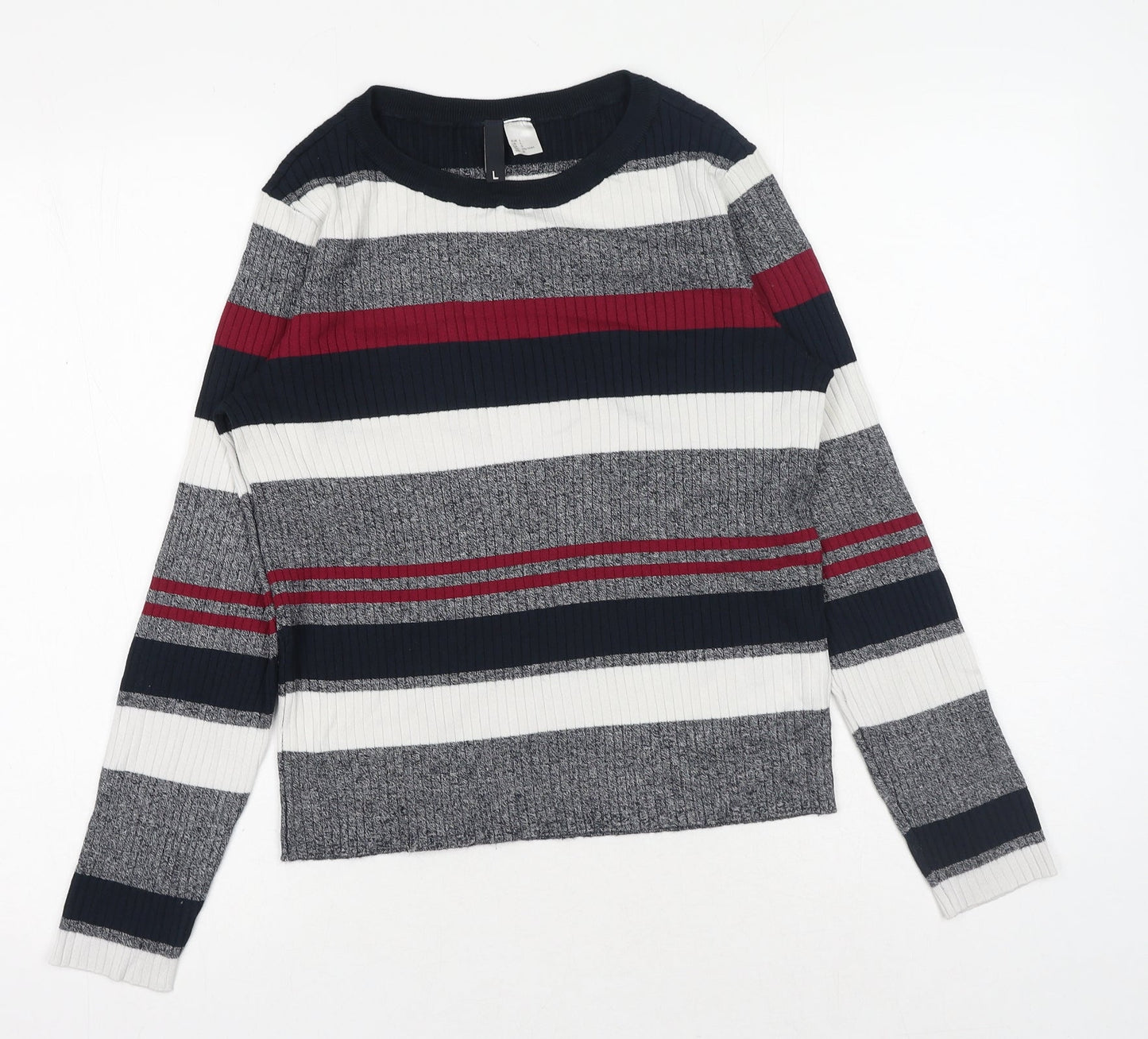 H&M Womens Grey Round Neck Striped Acrylic Pullover Jumper Size L
