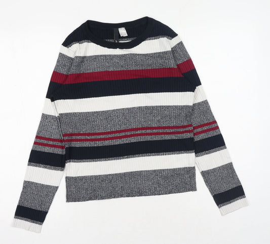 H&M Womens Grey Round Neck Striped Acrylic Pullover Jumper Size L