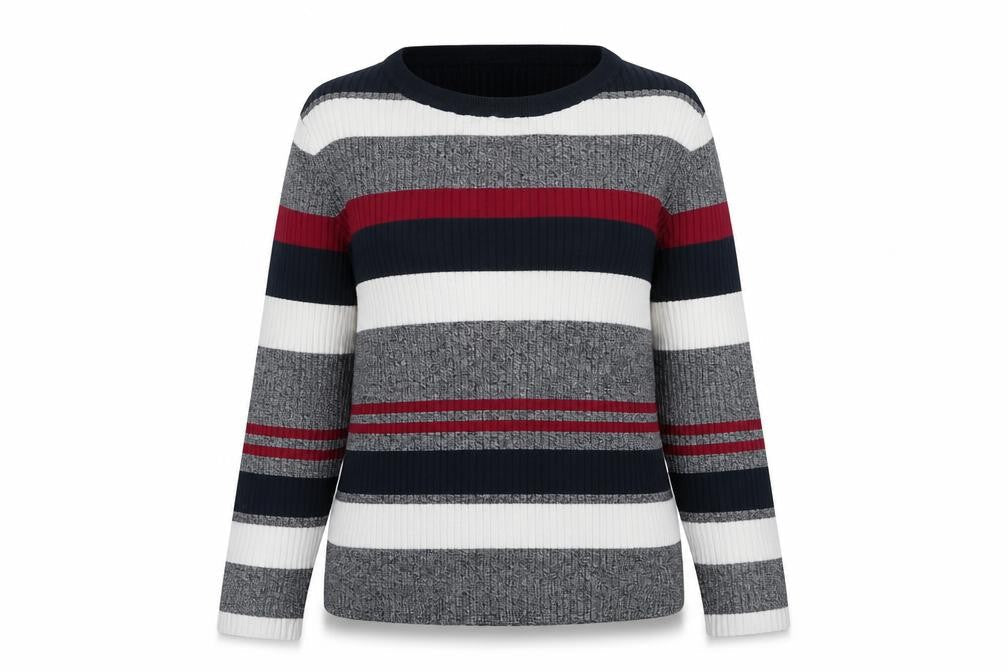 H&M Womens Grey Round Neck Striped Acrylic Pullover Jumper Size L
