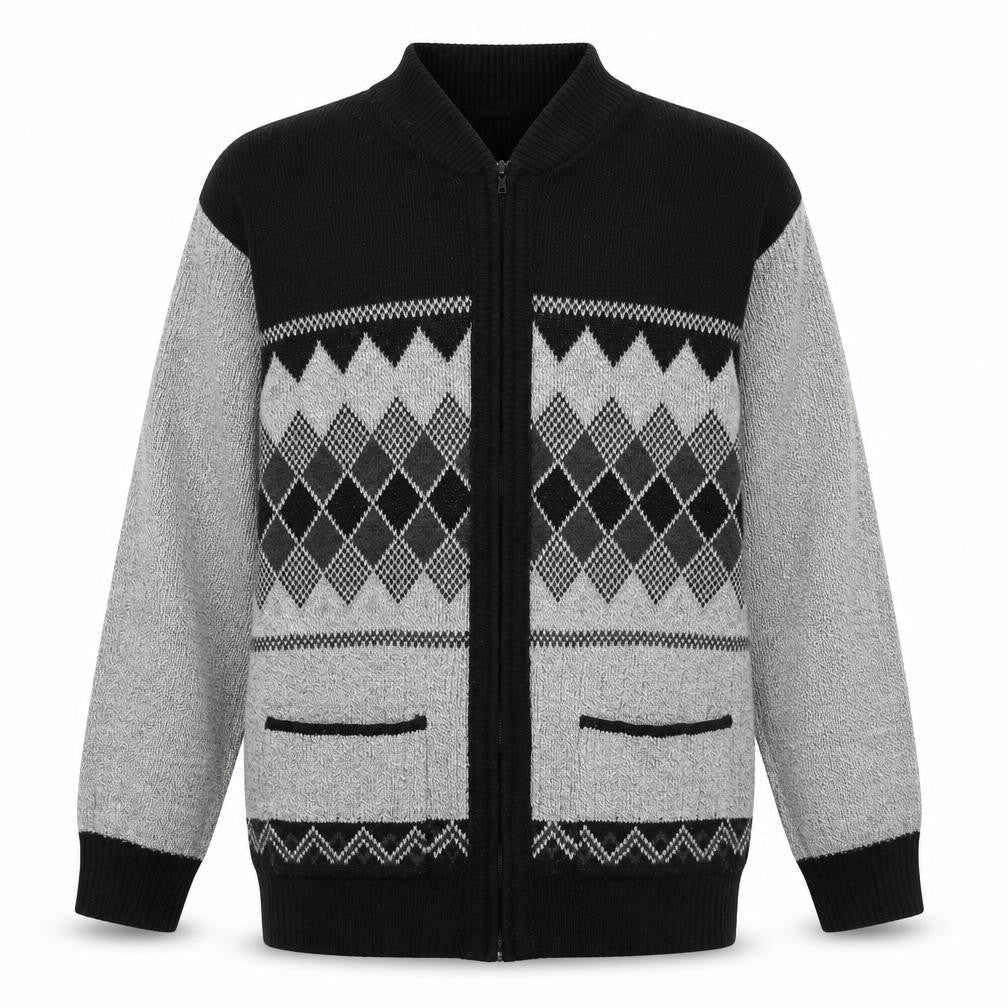 Bellisimo Mens Grey V-Neck Geometric Acrylic Full Zip Jumper Size L Long Sleeve