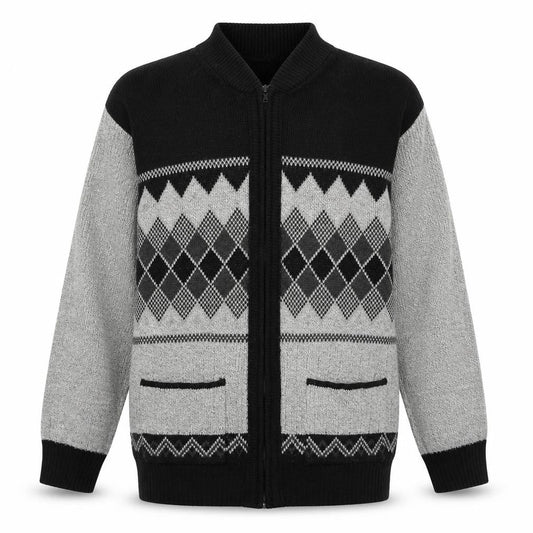 Bellisimo Mens Grey V-Neck Geometric Acrylic Full Zip Jumper Size L Long Sleeve