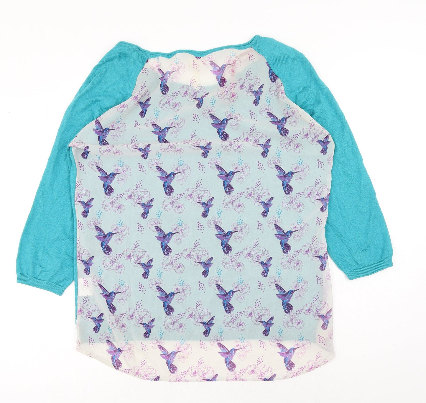 Nessa Womens Blue Geometric Nylon Basic Blouse Size L Boat Neck - Bird Print