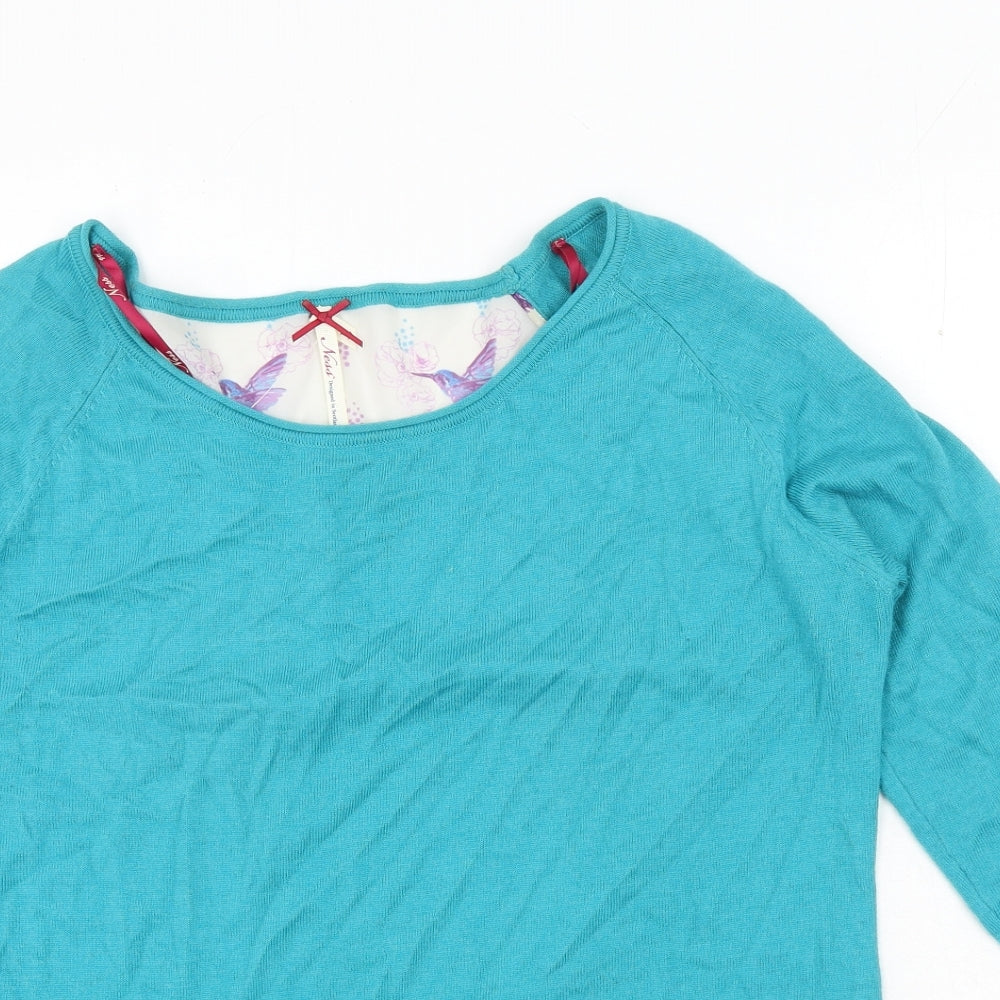 Nessa Womens Blue Geometric Nylon Basic Blouse Size L Boat Neck - Bird Print