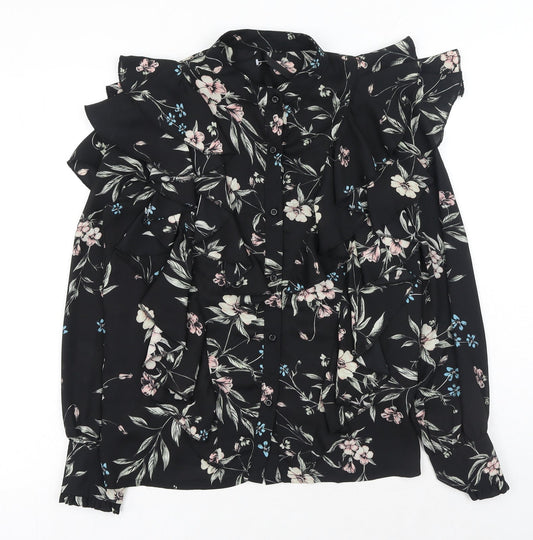 Elli White Womens Black Floral Polyester Basic Button-Up Size S Collared