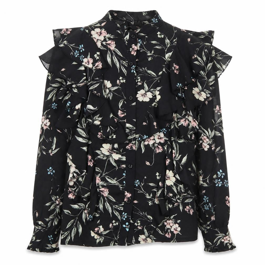 Elli White Womens Black Floral Polyester Basic Button-Up Size S Collared