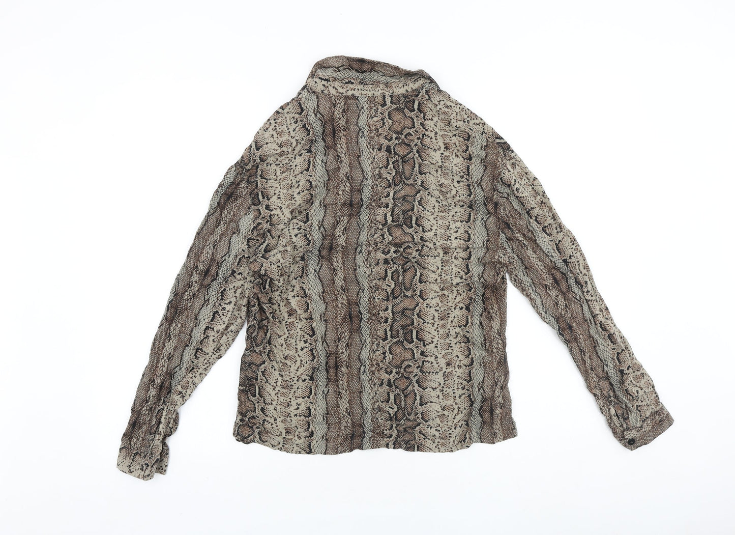 Pull&Bear Womens Brown Animal Print Viscose Basic Button-Up Size 8 Collared - Snake Print