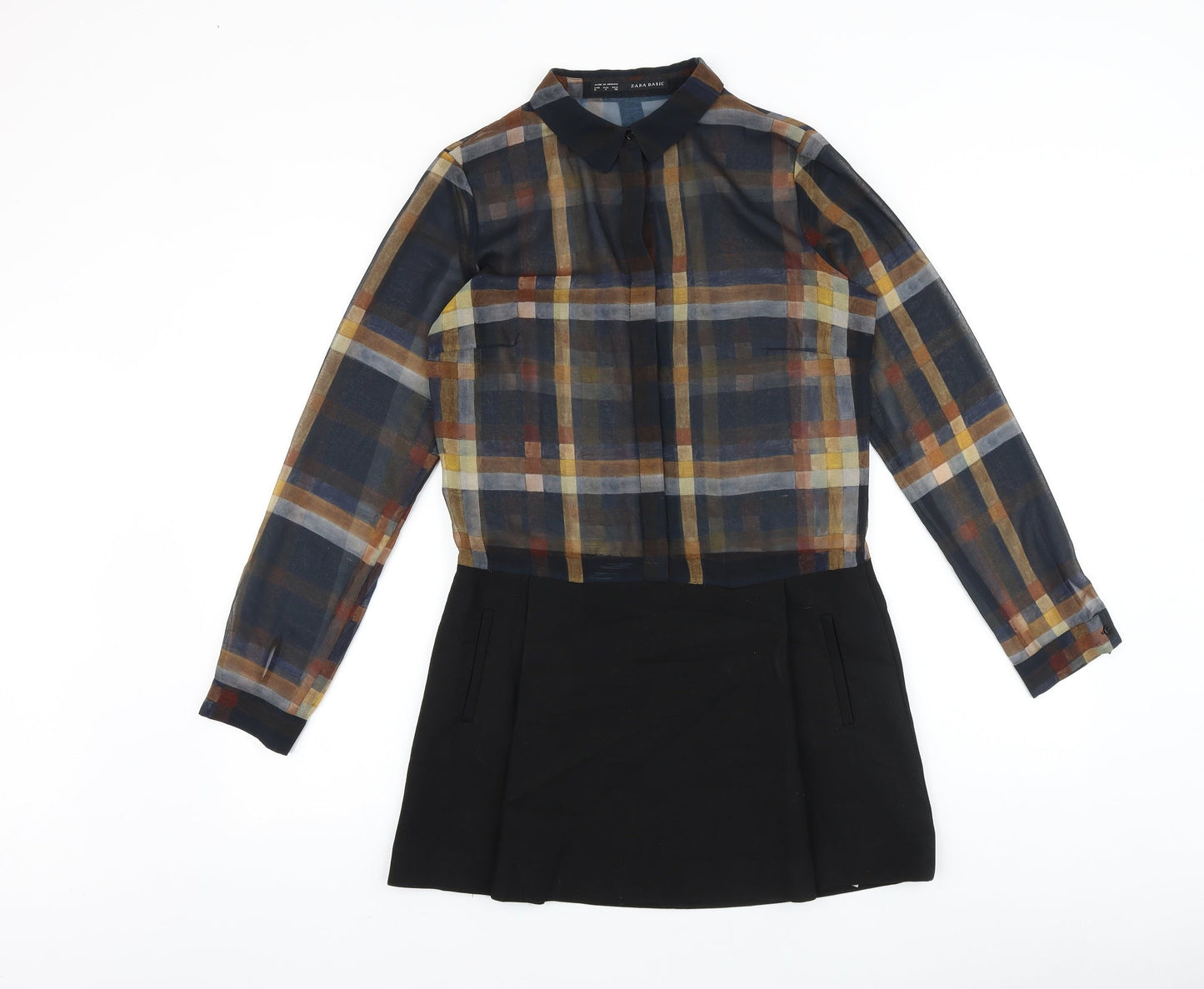 Zara Womens Black Plaid Viscose Shirt Dress Size S Collared Button