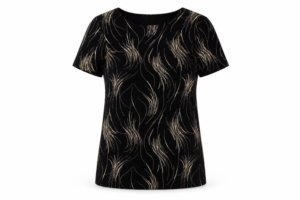 Saloos Womens Black Geometric Viscose Basic T-Shirt Size S Round Neck