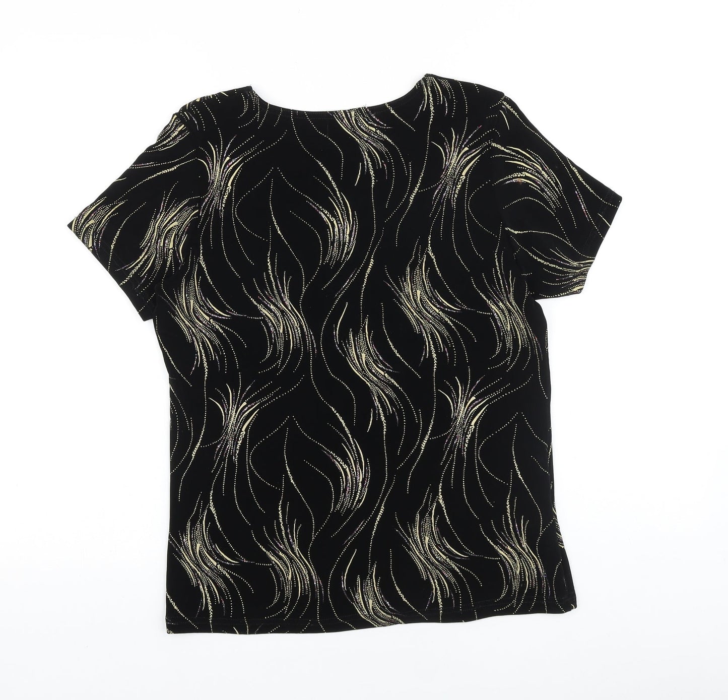 Saloos Womens Black Geometric Viscose Basic T-Shirt Size S Round Neck