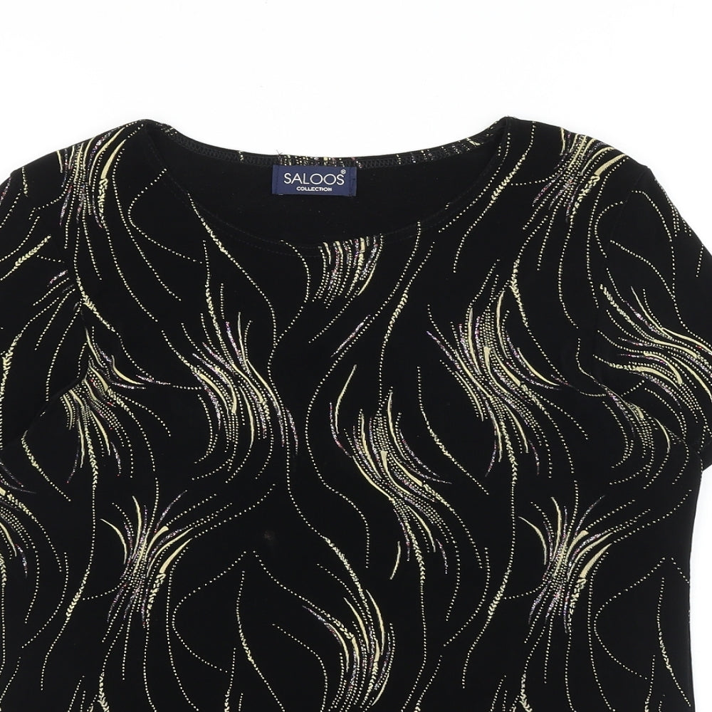 Saloos Womens Black Geometric Viscose Basic T-Shirt Size S Round Neck