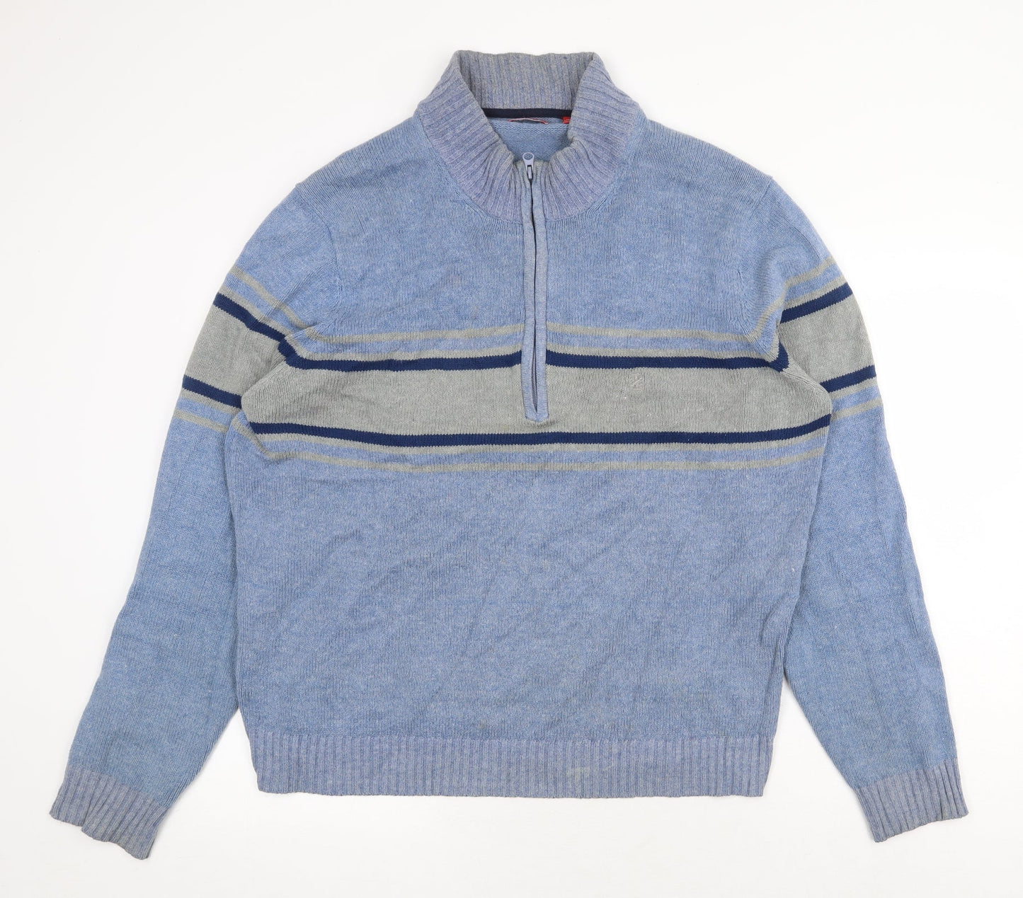 IZOD Mens Blue High Neck Striped Cotton Pullover Jumper Size L Long Sleeve