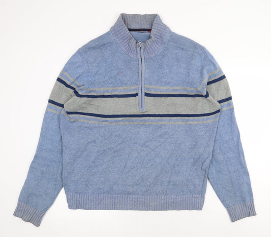 IZOD Mens Blue High Neck Striped Cotton Pullover Jumper Size L Long Sleeve
