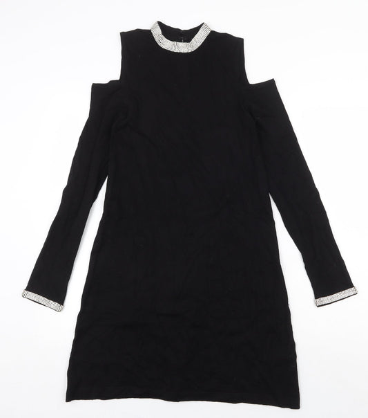 Warehouse Womens Black Viscose A-Line Size 10 Round Neck Hook & Eye - Cold Shoulder