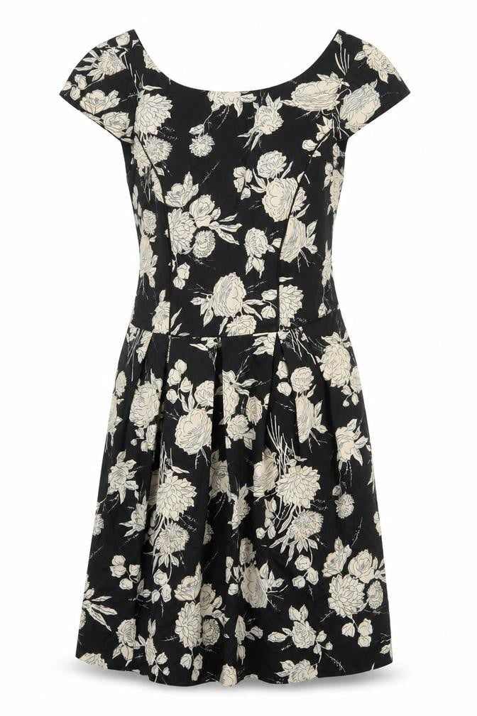 Dorothy Perkins Womens Black Floral Cotton A-Line Size 10 Boat Neck Zip
