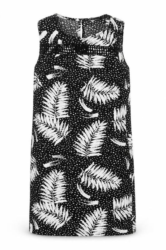 Capsule Womens Black Geometric Viscose Shift Size 10 Boat Neck Button - Leaf Pattern