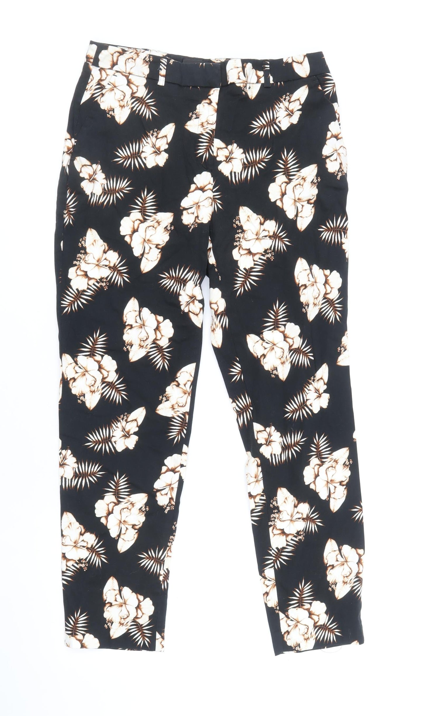 Dorothy Perkins Womens Black Floral Cotton Trousers Size 8 Regular Zip