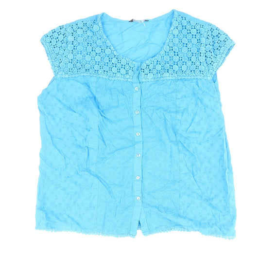 Roman Womens Blue Geometric 100% Cotton Basic Button-Up Size 10 Scoop Neck