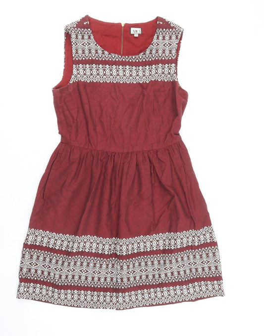 N.W 3 Womens Red Geometric 100% Cotton Fit & Flare Size 10 Boat Neck Zip
