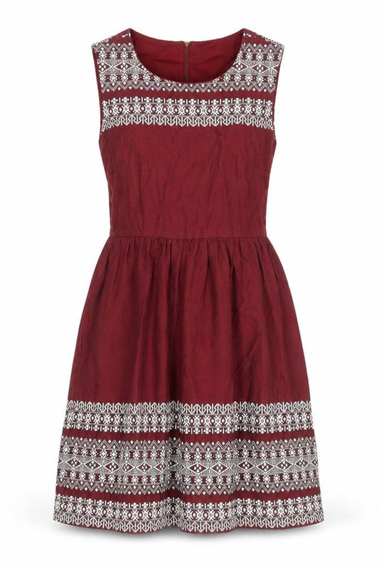 N.W 3 Womens Red Geometric 100% Cotton Fit & Flare Size 10 Boat Neck Zip