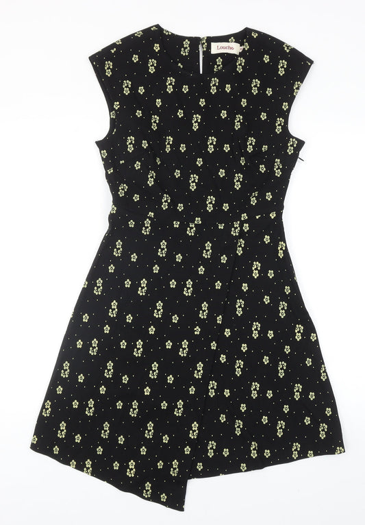 Louche Womens Black Floral Viscose Trapeze & Swing Size 12 V-Neck Zip