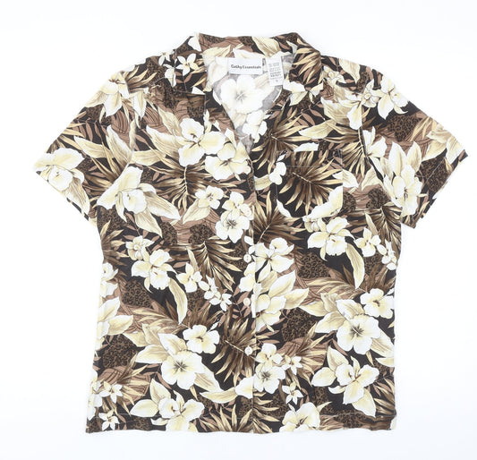 Cathy Essentials Womens Brown Floral Cotton Basic Button-Up Size S Collared