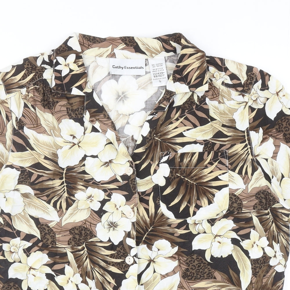 Cathy Essentials Womens Brown Floral Cotton Basic Button-Up Size S Collared