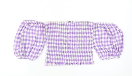 Warehouse Womens Purple Check Polyester Cropped Blouse Size 8 Off the Shoulder