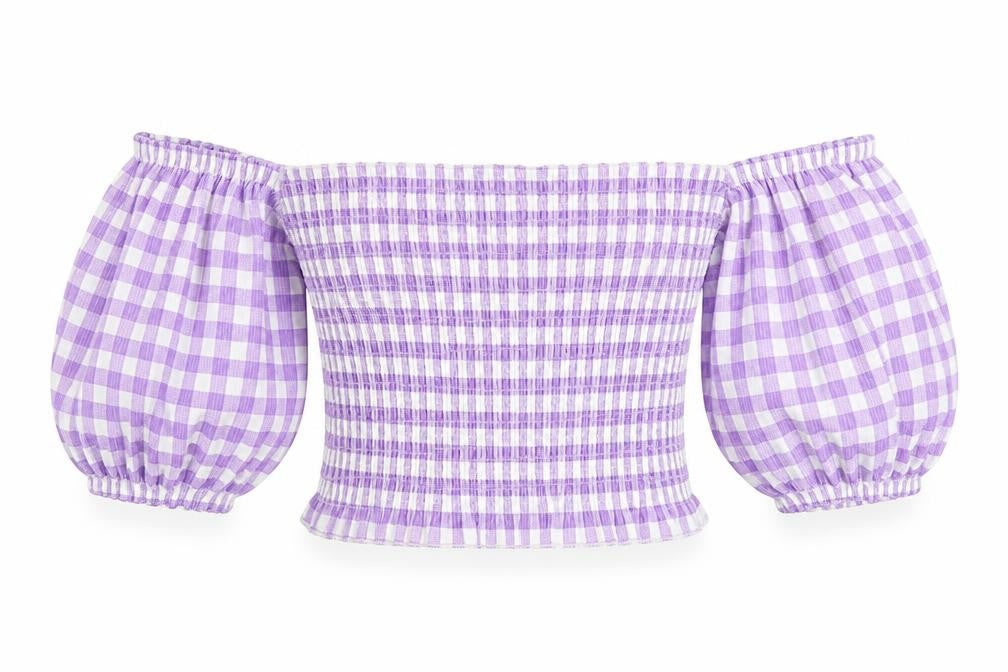 Warehouse Womens Purple Check Polyester Cropped Blouse Size 8 Off the Shoulder