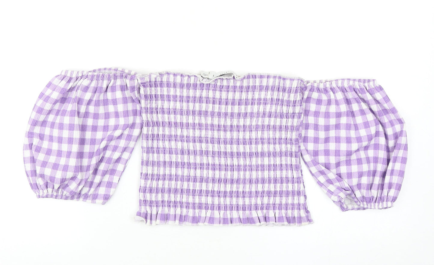 Warehouse Womens Purple Check Polyester Cropped Blouse Size 8 Off the Shoulder