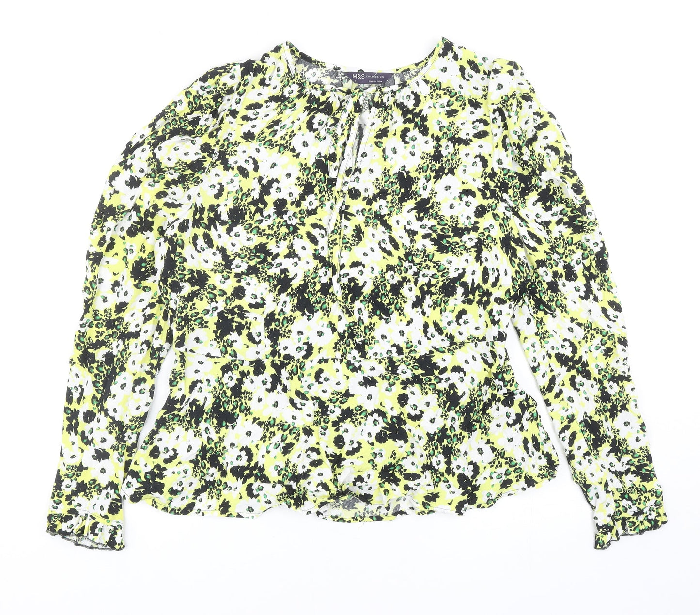 Marks and Spencer Womens Yellow Geometric Viscose Basic Blouse Size 12 Round Neck