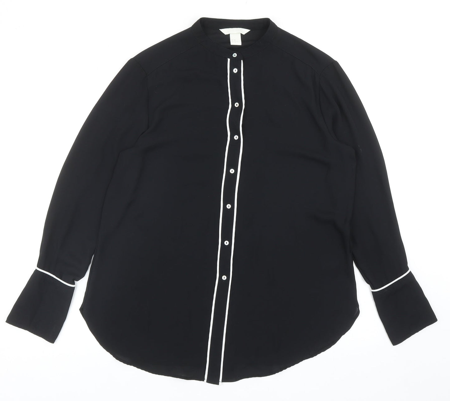 H&M Womens Black Polyester Basic Button-Up Size 12 Round Neck