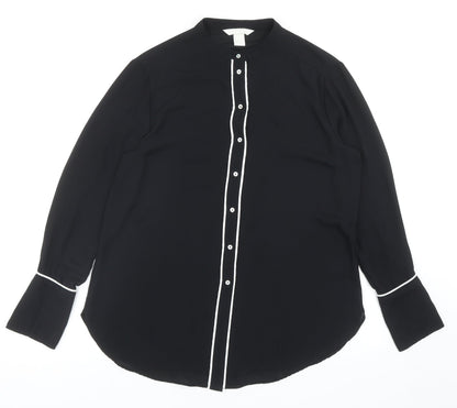H&M Womens Black Polyester Basic Button-Up Size 12 Round Neck
