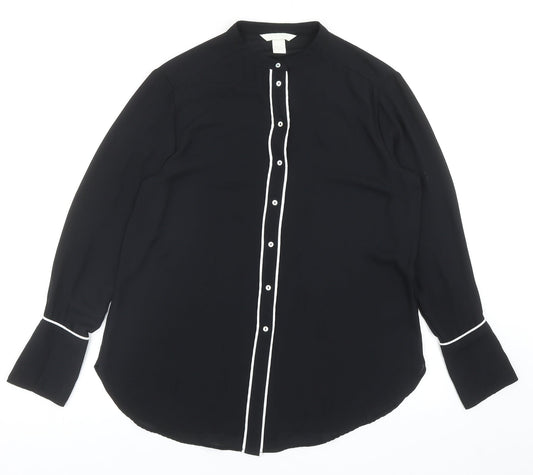 H&M Womens Black Polyester Basic Button-Up Size 12 Round Neck