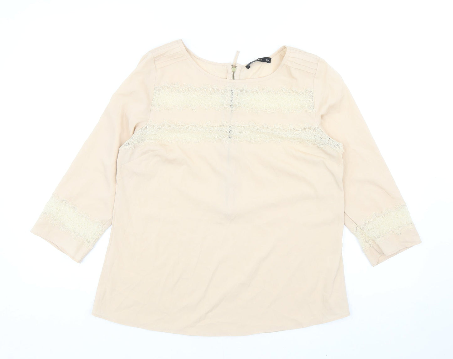 Oasis Womens Beige Polyester Basic Blouse Size 12 Round Neck - Lace Detail