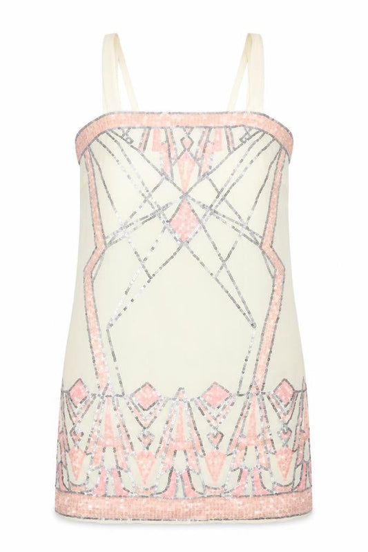 Warehouse Womens Beige Geometric Polyester Tank Dress Size 12 Square Neck Zip