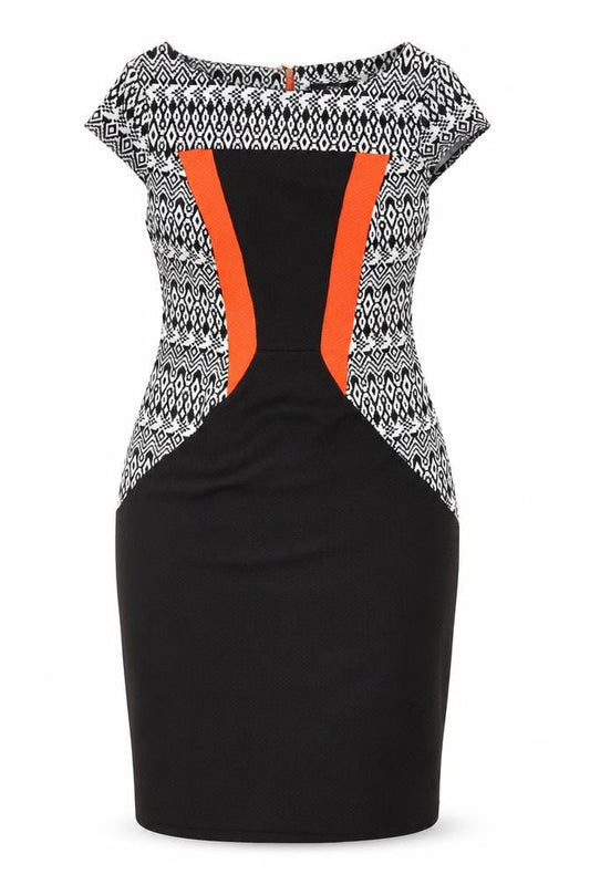 George Womens Black Geometric Polyester Pencil Dress Size 14 Boat Neck Zip