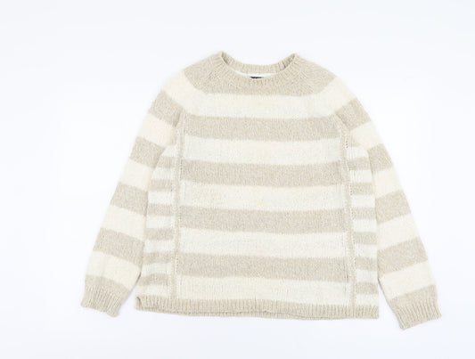 Marks and Spencer Womens Beige Round Neck Striped Polyester Pullover Jumper Size 14