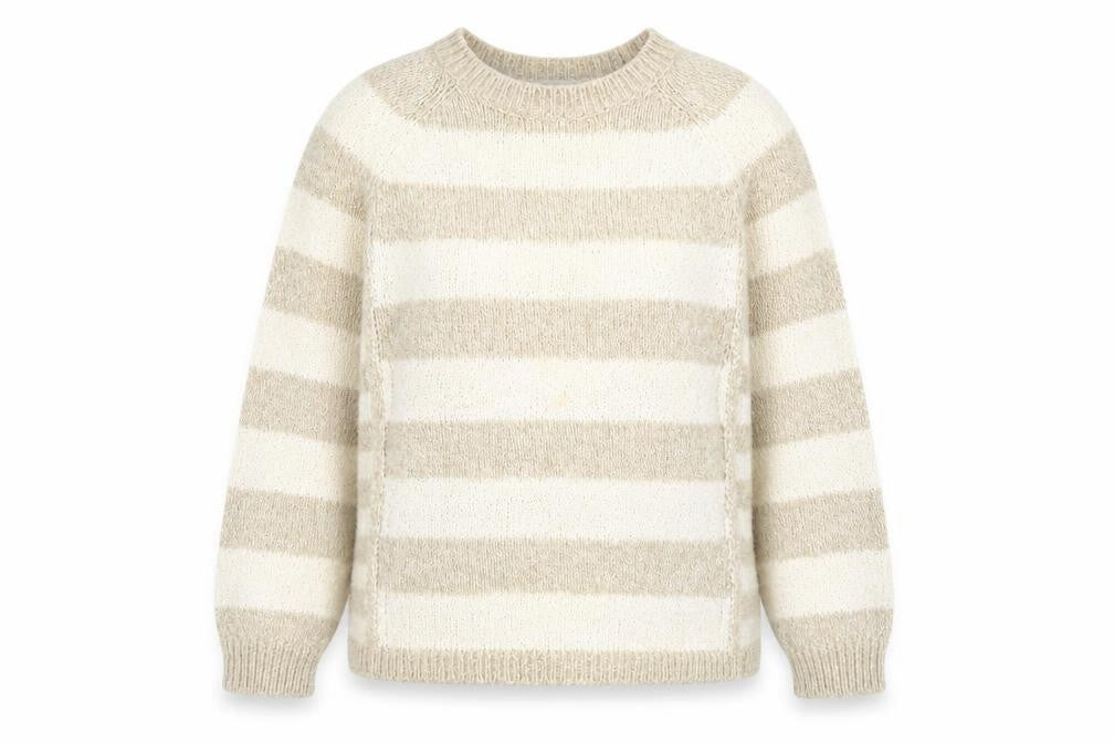Marks & Spencer Womens Beige Round Neck Striped Polyester Pullover Jumper Size 14